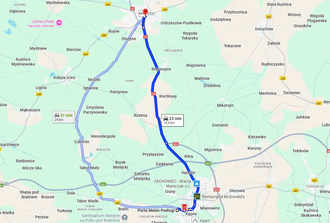 Mapa dojazdu z Kępna do Ostrzeszowa